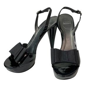 STUART WEITZMAN Vintage Black Open Toe Bow Patent Leather Platform Heel Sz 8